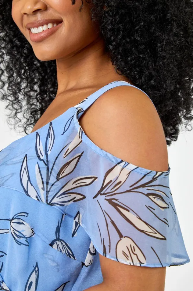 Women Blue Petite Floral Cold Shoulder Chiffon Midi Dress Roman Dresses
