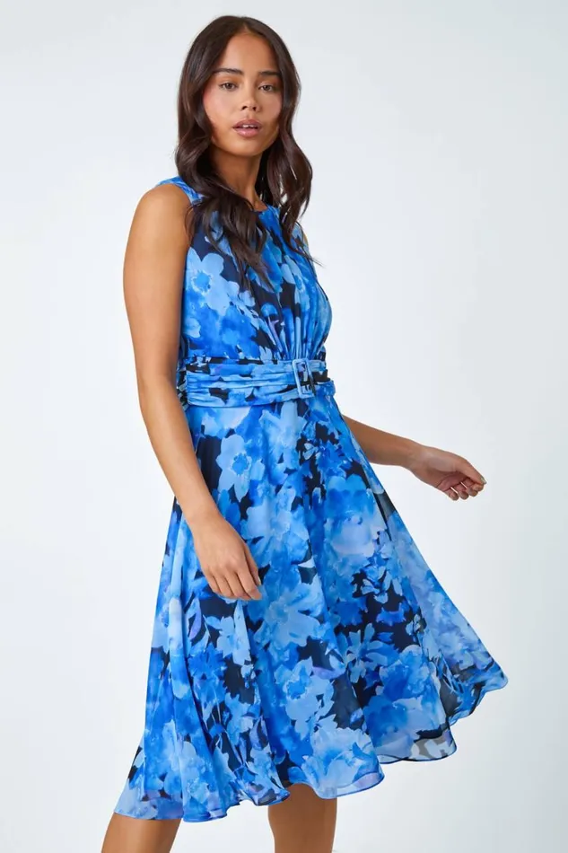 Women Blue Petite Floral Print Buckle Dress Roman Dresses