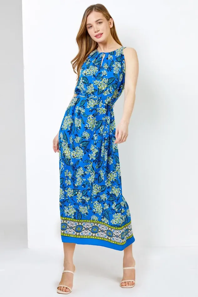 Women Blue Petite Floral Print Halter Neck Dress Roman Dresses