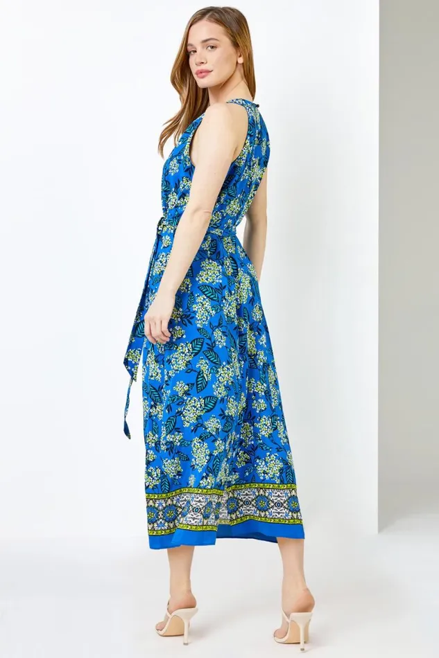 Women Blue Petite Floral Print Halter Neck Dress Roman Dresses