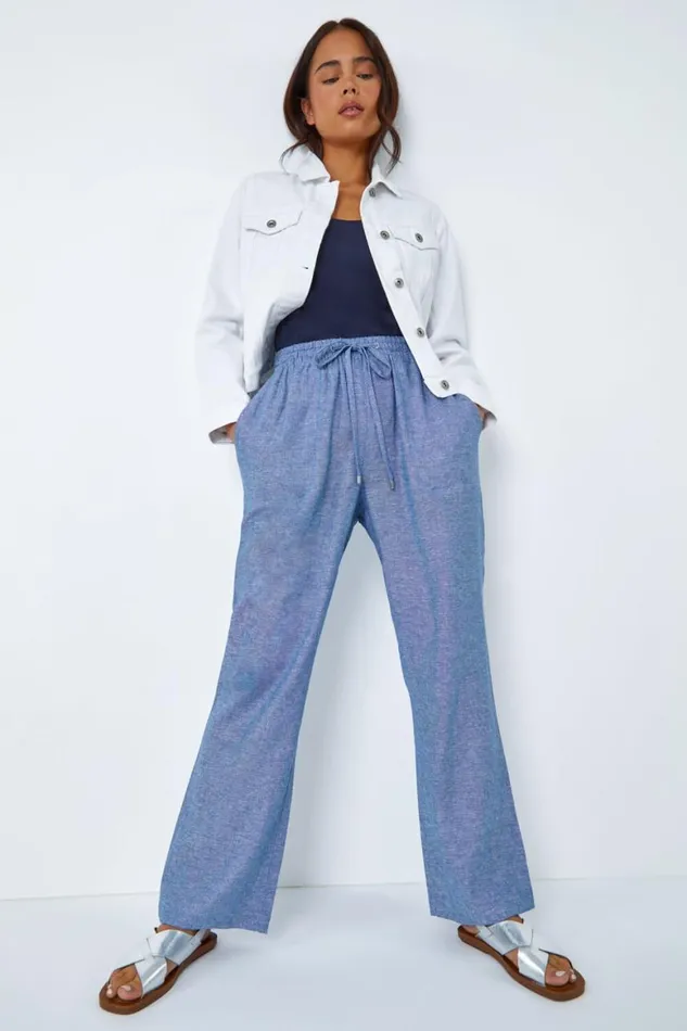 Women Blue Petite Linen Mix Wide Leg Trousers Roman Trousers
