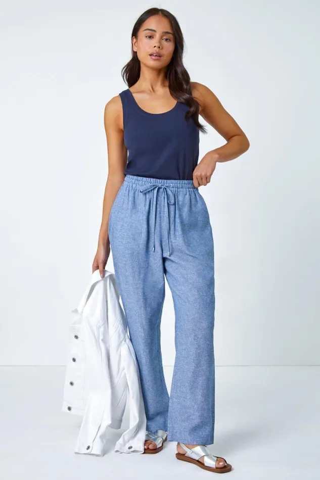 Women Blue Petite Linen Mix Wide Leg Trousers Roman Trousers