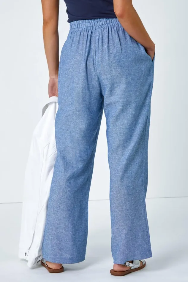 Women Blue Petite Linen Mix Wide Leg Trousers Roman Trousers
