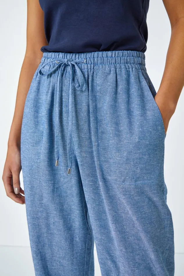 Women Blue Petite Linen Mix Wide Leg Trousers Roman Trousers