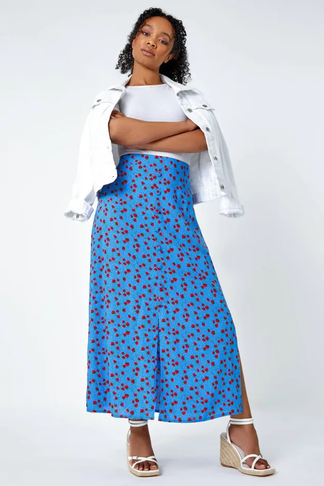 Women Blue Petite Strawberry Button Elastic Waist Skirt Roman Skirts