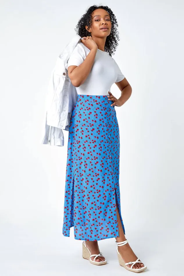 Women Blue Petite Strawberry Button Elastic Waist Skirt Roman Skirts