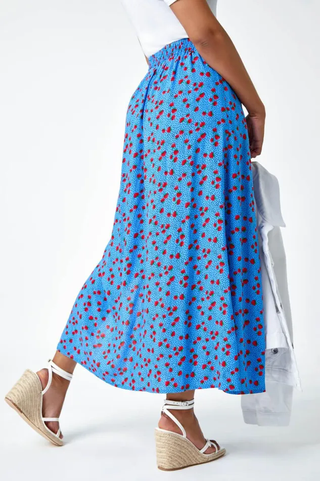 Women Blue Petite Strawberry Button Elastic Waist Skirt Roman Skirts