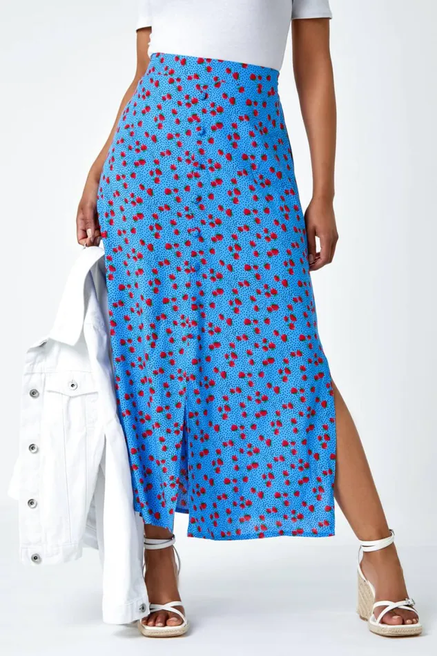 Women Blue Petite Strawberry Button Elastic Waist Skirt Roman Skirts