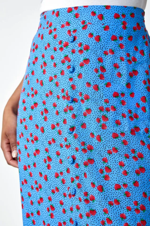 Women Blue Petite Strawberry Button Elastic Waist Skirt Roman Skirts