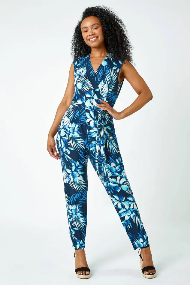 Women Blue Petite Tropical Print Tie Waist Jersey Jumpsuit Roman Dresses