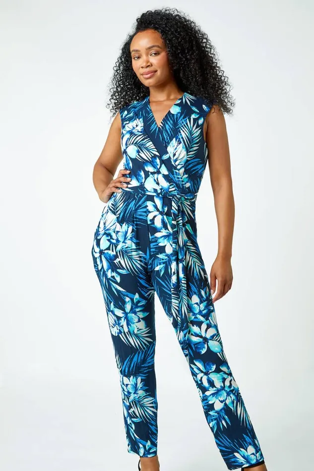 Women Blue Petite Tropical Print Tie Waist Jersey Jumpsuit Roman Dresses