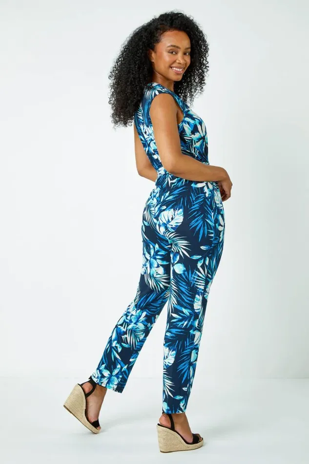 Women Blue Petite Tropical Print Tie Waist Jersey Jumpsuit Roman Dresses
