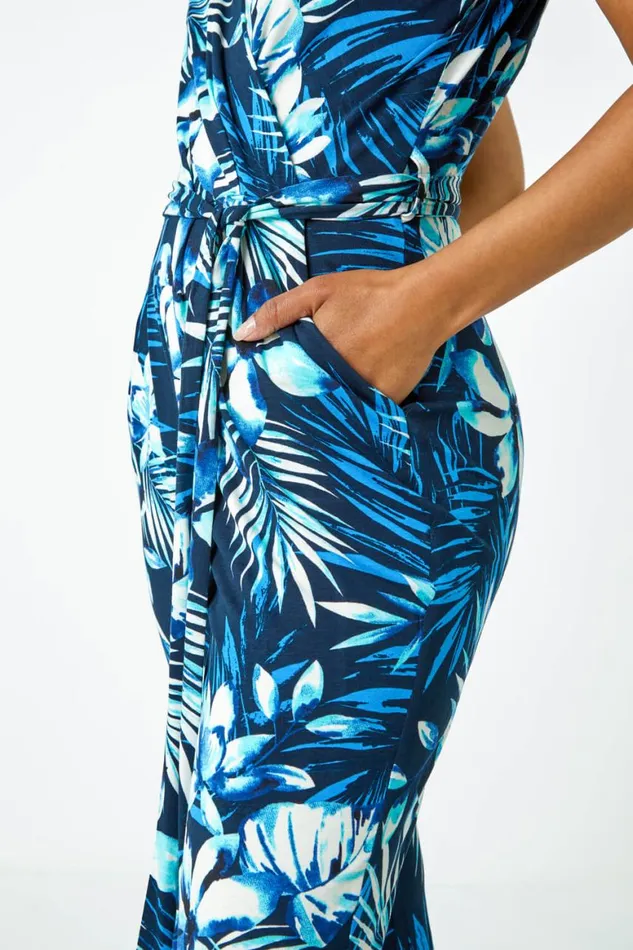 Women Blue Petite Tropical Print Tie Waist Jersey Jumpsuit Roman Dresses