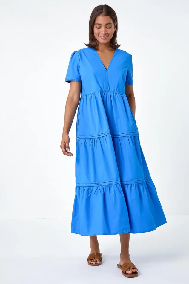 Women Blue Plain Cotton Tiered Maxi Dress Roman Dresses