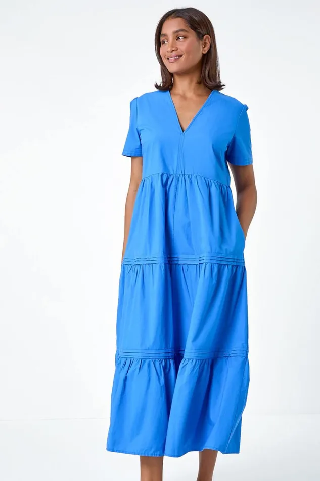 Women Blue Plain Cotton Tiered Maxi Dress Roman Dresses