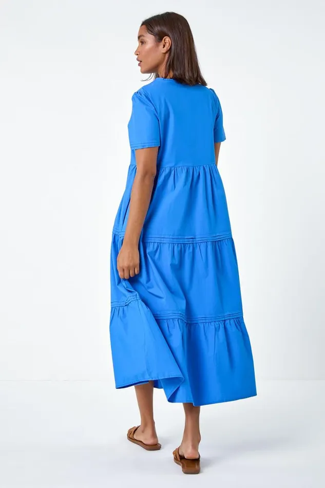 Women Blue Plain Cotton Tiered Maxi Dress Roman Dresses
