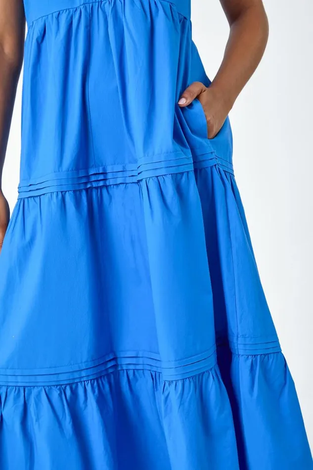 Women Blue Plain Cotton Tiered Maxi Dress Roman Dresses