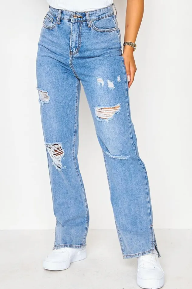 Women Blue Ripped Slit Straight Jeans Blue Brentiny Paris Jeans