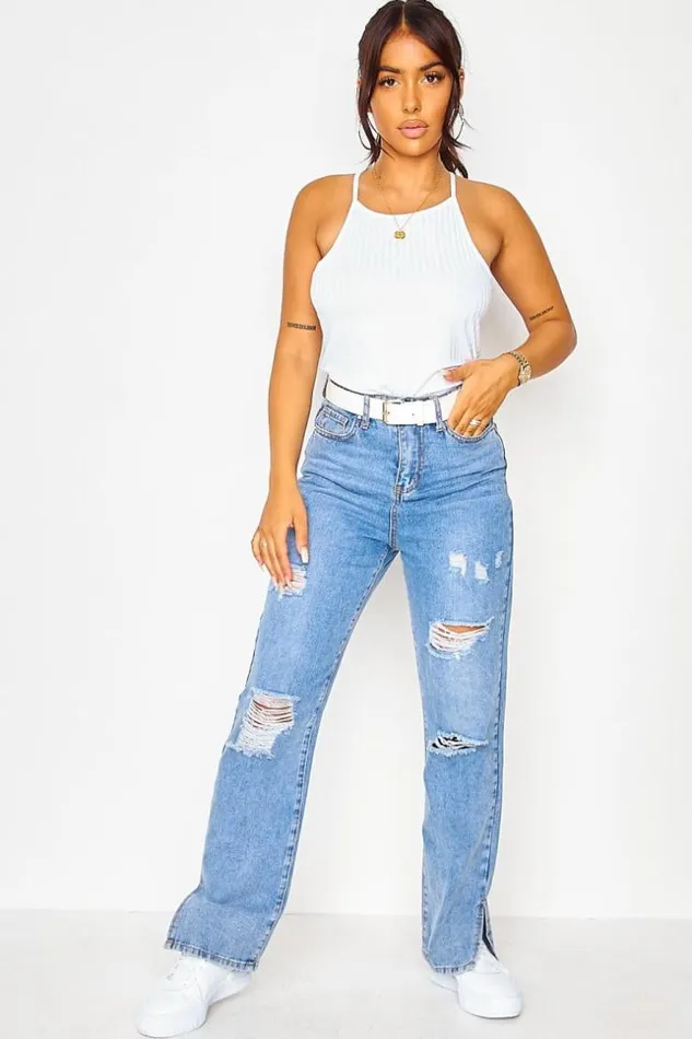 Women Blue Ripped Slit Straight Jeans Blue Brentiny Paris Jeans