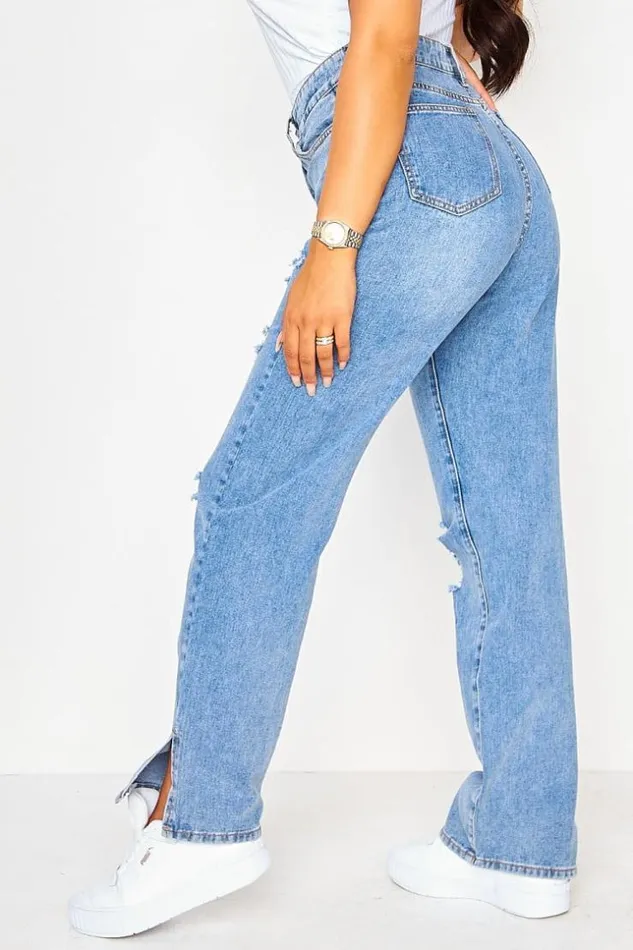 Women Blue Ripped Slit Straight Jeans Blue Brentiny Paris Jeans