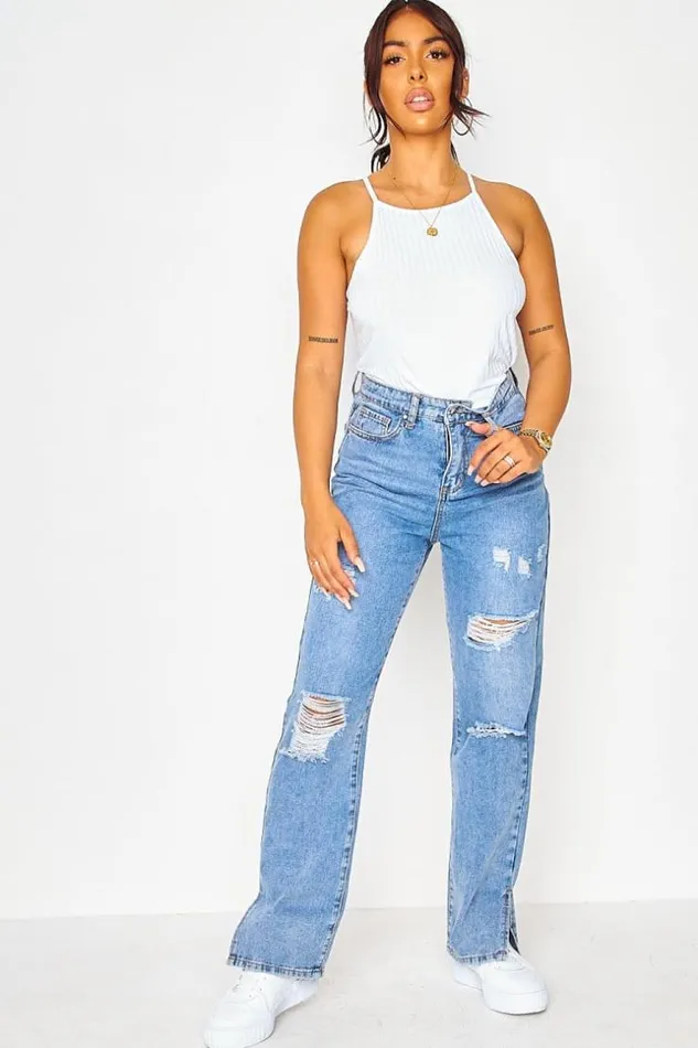 Women Blue Ripped Slit Straight Jeans Blue Brentiny Paris Jeans
