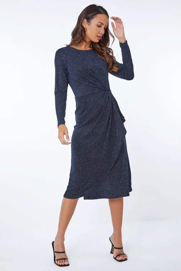 Women Blue Ruched Glitter Midi Dress Roman Dresses