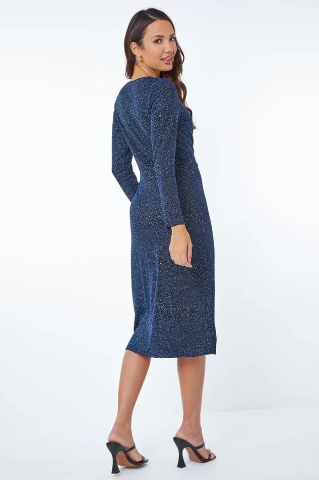 Women Blue Ruched Glitter Midi Dress Roman Dresses
