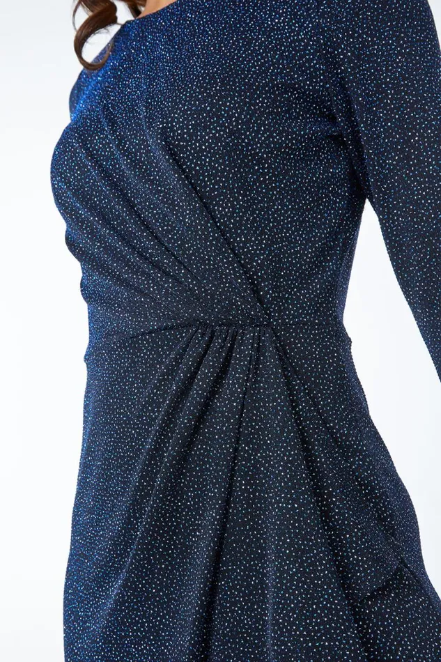 Women Blue Ruched Glitter Midi Dress Roman Dresses