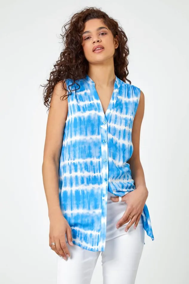 Women Blue Sleeveless Tie Dye Shirt Roman Tops