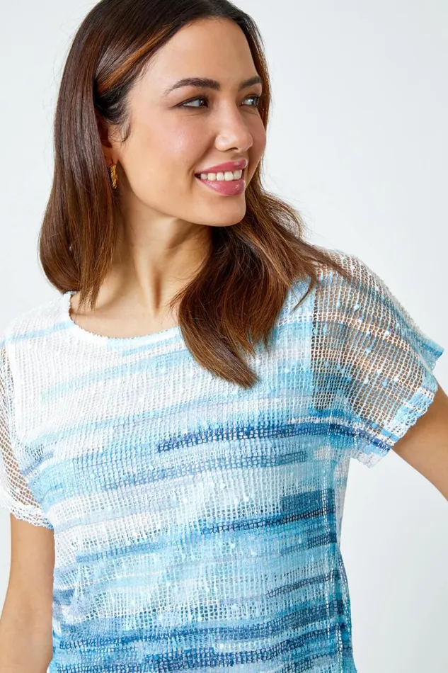 Women Blue Stripe Print Mesh Overlay Top Roman Tops
