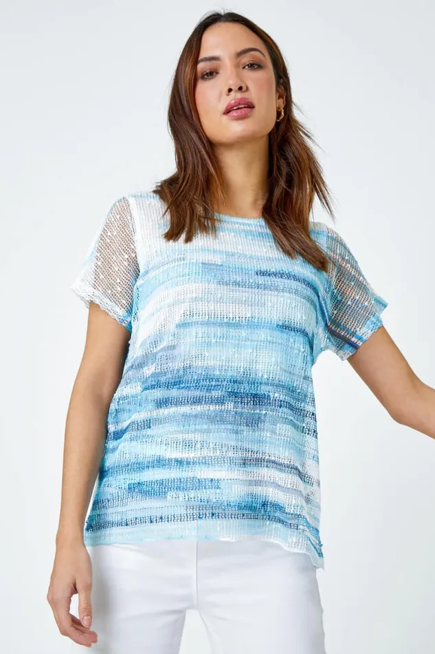 Women Blue Stripe Print Mesh Overlay Top Roman Tops