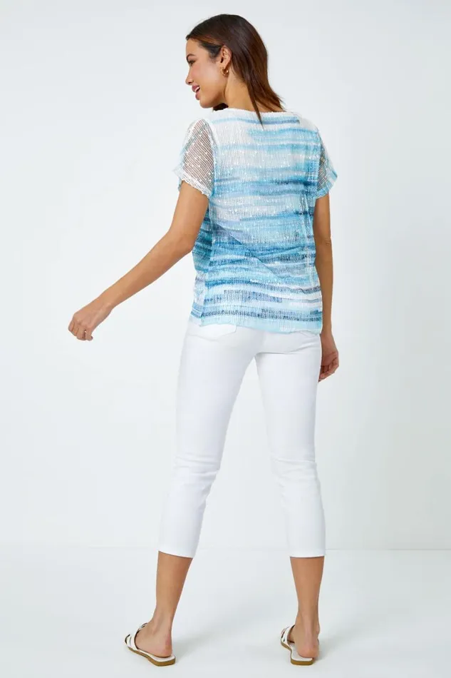 Women Blue Stripe Print Mesh Overlay Top Roman Tops