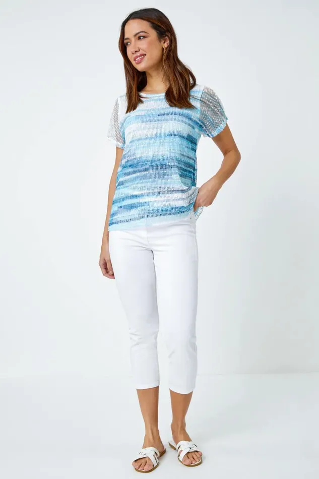 Women Blue Stripe Print Mesh Overlay Top Roman Tops