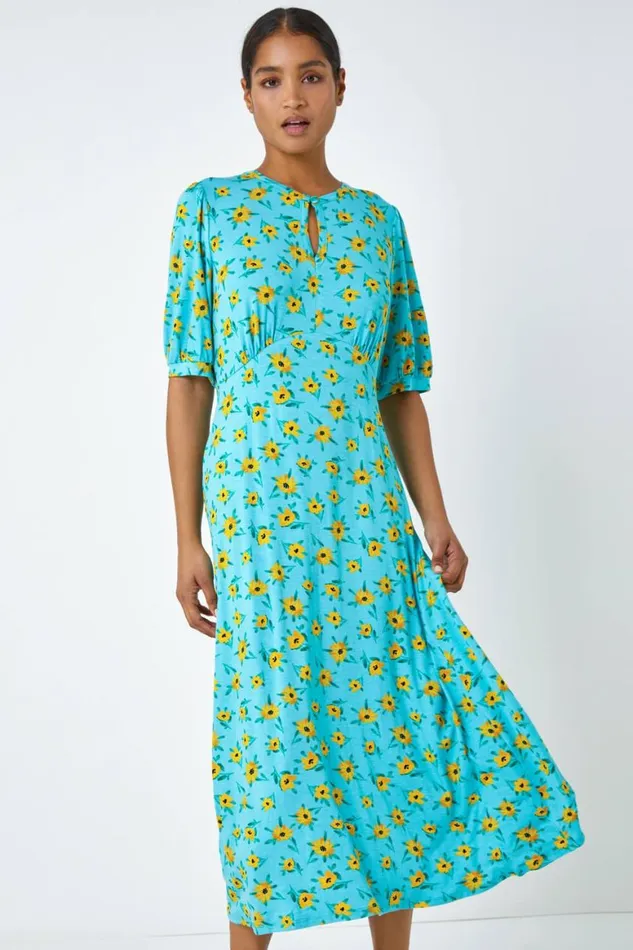 Women Blue Sunflower Print Keyhole Stretch Midi Dress Roman Dresses