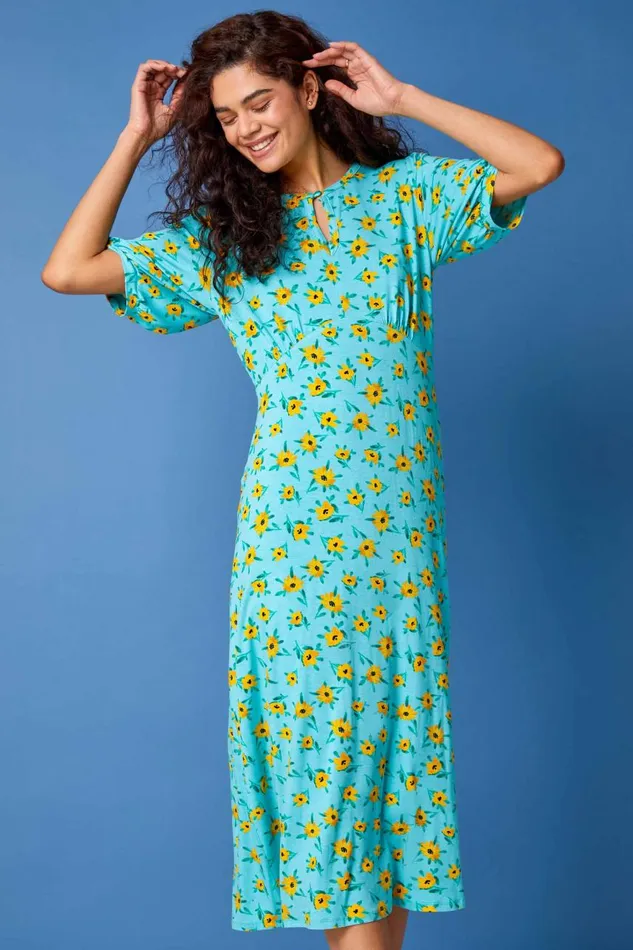 Women Blue Sunflower Print Keyhole Stretch Midi Dress Roman Dresses