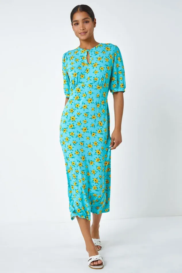 Women Blue Sunflower Print Keyhole Stretch Midi Dress Roman Dresses