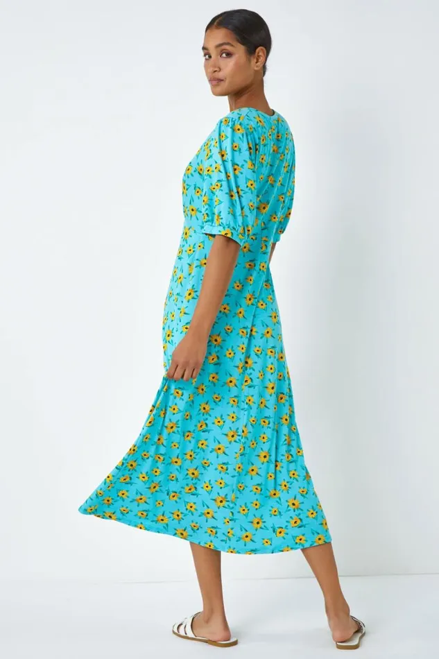 Women Blue Sunflower Print Keyhole Stretch Midi Dress Roman Dresses