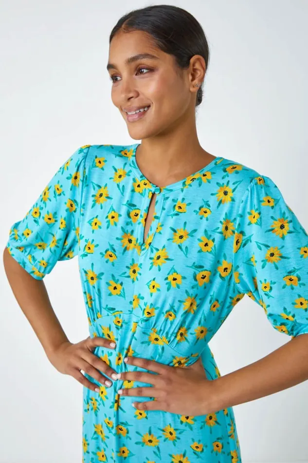 Women Blue Sunflower Print Keyhole Stretch Midi Dress Roman Dresses