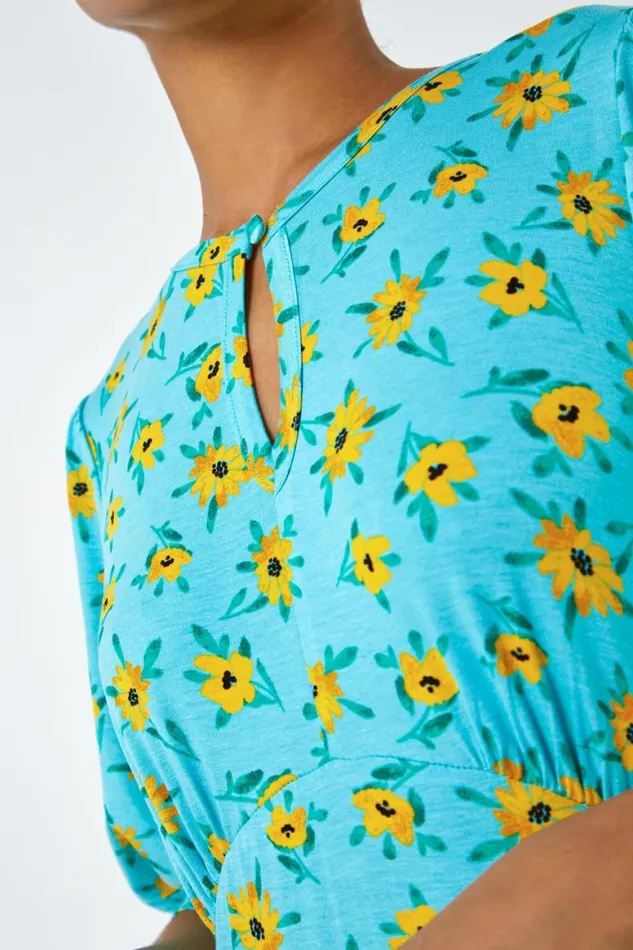 Women Blue Sunflower Print Keyhole Stretch Midi Dress Roman Dresses