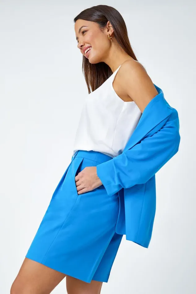 Women Blue Tailored Stretch Shorts Roman Shorts
