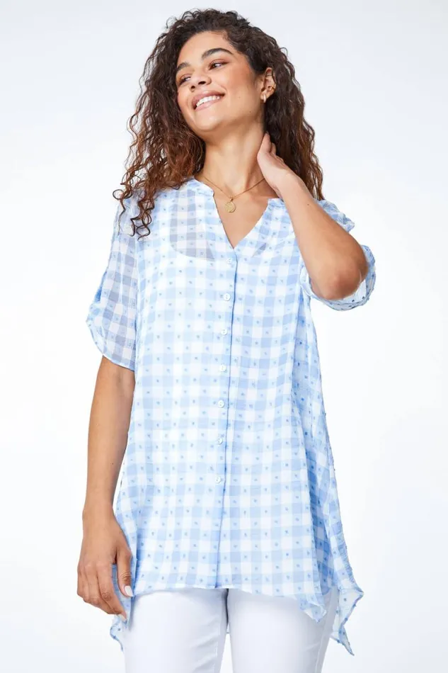 Women Blue Textured Check Hanky Hem Blouse Roman Tops