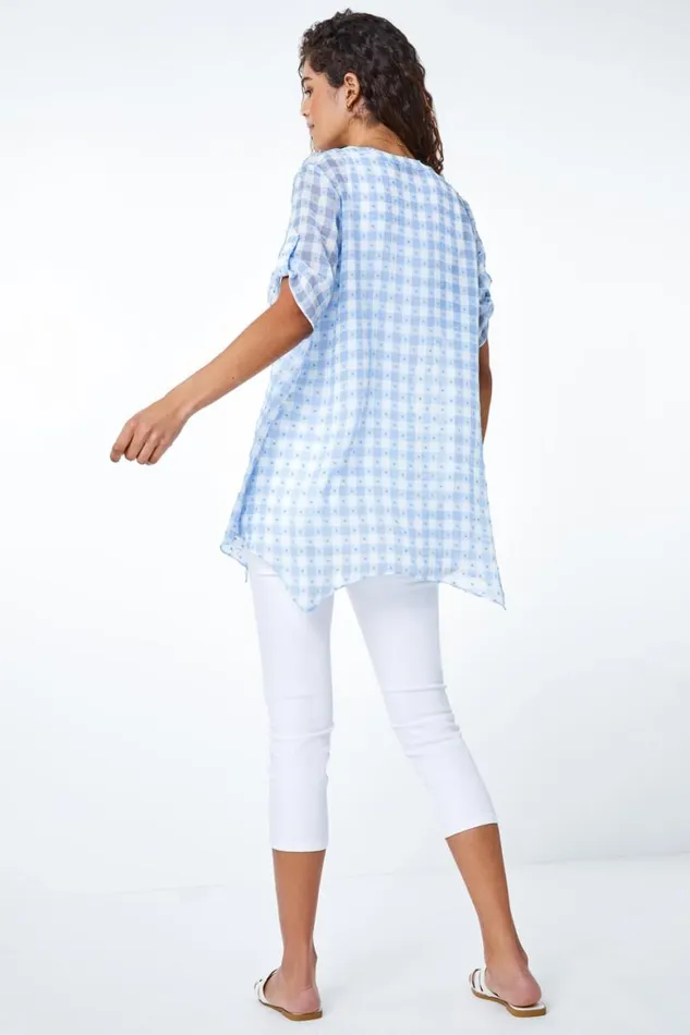 Women Blue Textured Check Hanky Hem Blouse Roman Tops