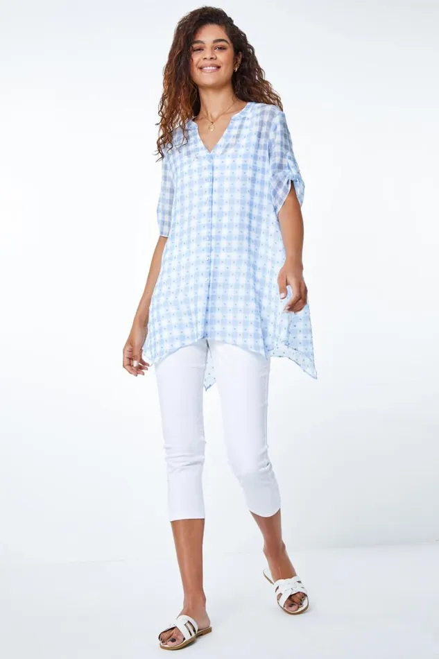 Women Blue Textured Check Hanky Hem Blouse Roman Tops