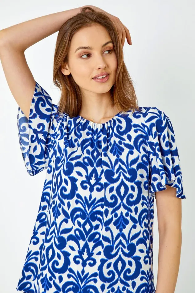 Women Blue Tile Print Pleat Detail Top Roman Tops