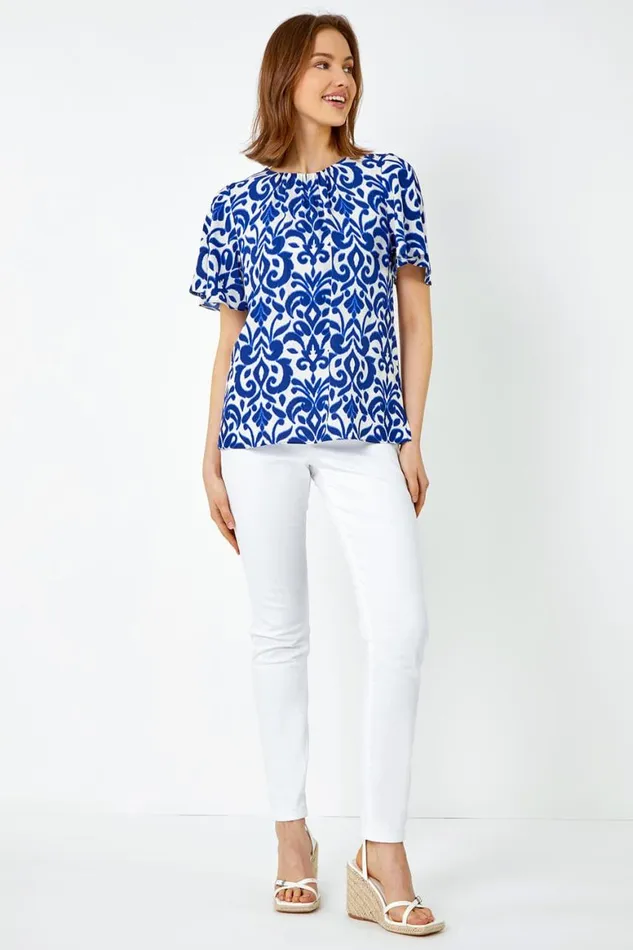 Women Blue Tile Print Pleat Detail Top Roman Tops