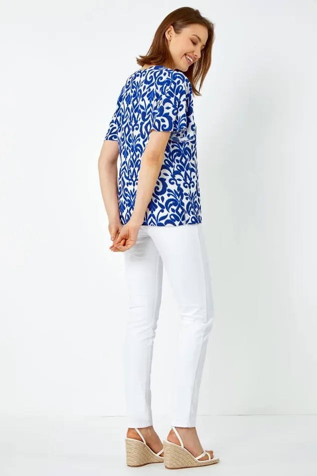 Women Blue Tile Print Pleat Detail Top Roman Tops