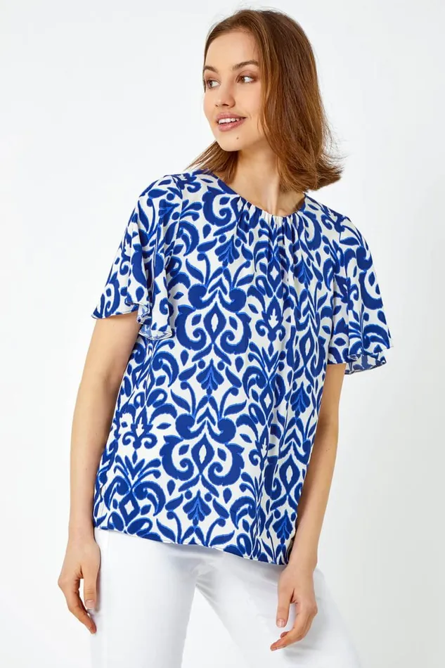 Women Blue Tile Print Pleat Detail Top Roman Tops