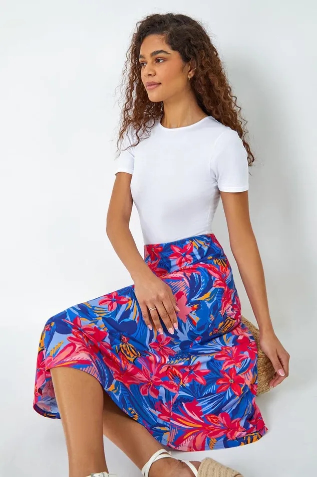 Women Blue Tropical Floral Stretch Panel A Line Skirt Roman Skirts