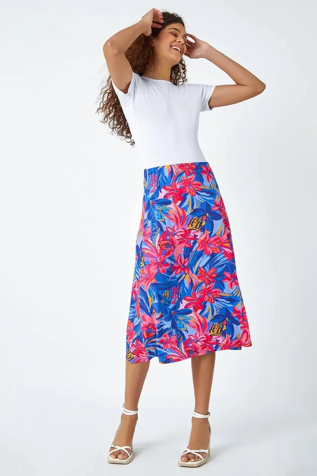 Women Blue Tropical Floral Stretch Panel A Line Skirt Roman Skirts