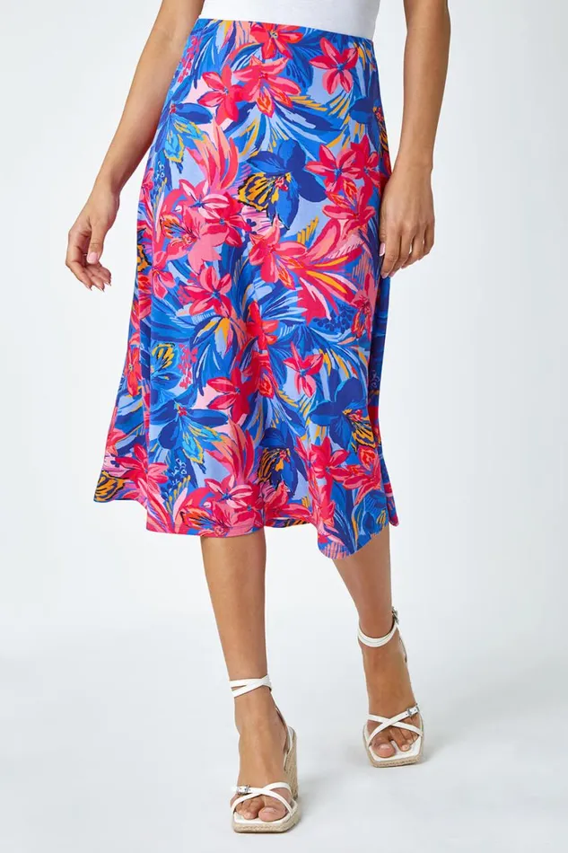 Women Blue Tropical Floral Stretch Panel A Line Skirt Roman Skirts
